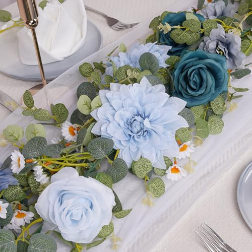 Eukalyptus-Girlande mit Blumen, künstliche Blumengirlande, Dekoration, künstliche Blumenranken mit Dahlien-Rose, Seidenblumen-Grüngirlande für Hochzeit, Tafelaufsatz, Tisch, Garten, Party, Dekoration