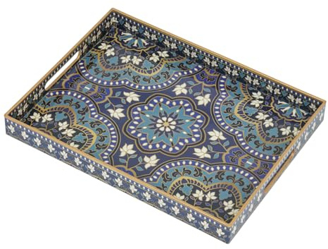 Serving Tray, Boho Plastic Food Trays for Eating on Lap Decorative Coffee Tray with Handles Rectangular Non-slip Candle Plate, 40x30x4 cm Large Drinks Platter for Kitchen/Living Room/Bedroom/Party