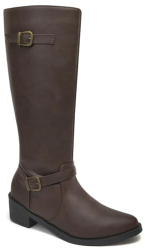 Dernolsea Knee High Boots Women, Flat Low Block Heel Buckle Side Zip Knee Length Boots Brown Size 7