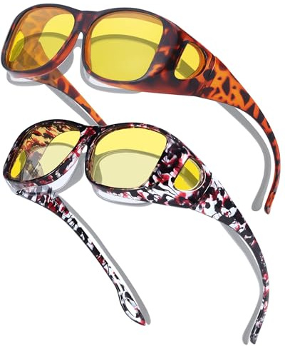 Myiaur 2 Pack Night Driving Over Glasses for Women Men Polarised Anti Glare Headlight Glasses Yellow Lens for Nighttime, Rainy& Foggy Conditions
