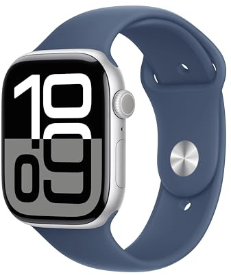 Apple Watch Series 10 GPS Smartwatch con Caja de Aluminio Plata de 46 mm y Correa Deportiva Azul Denim - Talla M/L. Monitor de entreno, App ECG, Pantalla Retina Siempre Activa