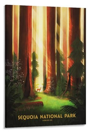YQCQCS Redwood National Park Vintage Travel Poster Deer Sequoia Sempervirens Canvas Art Poster Picture Wall Decor Painting Posters Decorative Posters