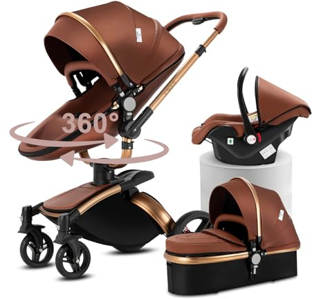 Doraystar 360° Drehung PU-Leder Kinderwagen 3 in 1 mit Ein-Klick-Faltung und großer Babywanne (Aluminiumlegierung-Rahmen, 906 Brown)