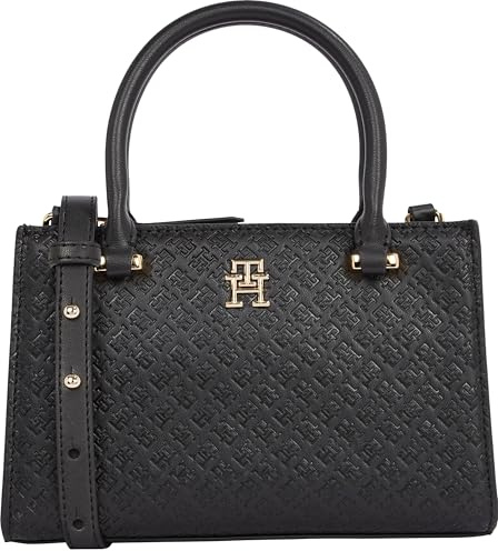Tommy Hilfiger Monogramm-Mini-Tragetasche mit abnehmbarem Crossbody-Gurt, Schwarz, Einheitsgröße