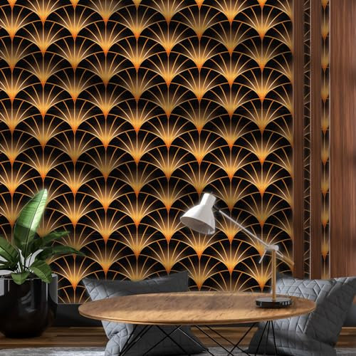 Carta da Parati Nera e Oro, 44 x 300 cm Carta da Parati Geometrica Dorata Astratta Parato Adesivo per Parete Righe Boho Strisce Pellicola Adesiva per Mobili,Camera da Letto,Soggiorno,Bagno,Cucina