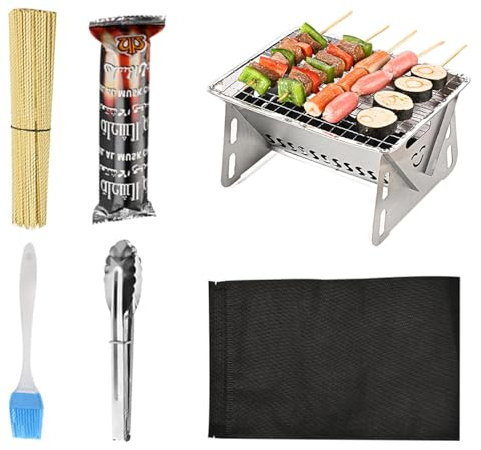 Barbecue pliable, barbecue portable pliable au charbon de bois,Grill de table en acier inoxydable | Comprend une brosse, un clip, des bâtons et des blocs de carbone, un gril pliable pour la plage de p