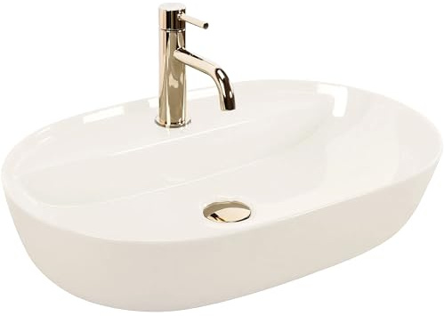 VBChome Waschbecken 61 x 41 cm Keramik Ecru Oval mit Hahnloch Waschtisch Handwaschbecken Aufsatzwaschbecken Waschschale Keramikwaschbecken Waschbecken im Badezimmer
