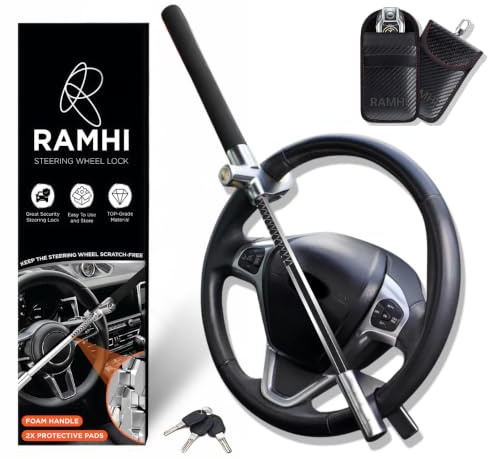 RAMHI B9 Pro Steering Wheel Lock with Included 2 Keys & Faraday Signal Blocker Pouch for Car Keys | car Security Lock | Alloy Steering Wheel Lock | Car Steering Lock with RFID Blocking Keyless Entry