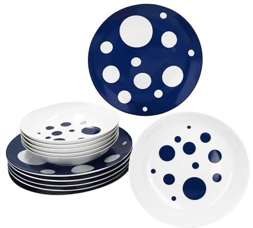 MamboCat Pula Pula Service de table 12 pièces bleu foncé I Vaisselle en porcelaine blanche à pois pour 6 personnes I 6 assiettes creuses & 6 assiettes plates pour petit-déjeuner, déjeuner et dîner