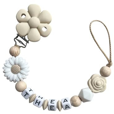 Personalisiertes Geschenk Baby Kette Halter mit Namen Mädchen Holz weiß beige Blume Silikon