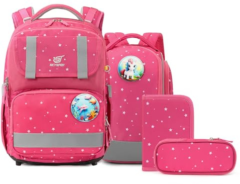 SKYSPER Schulranzen-Set 5-teilig, Schulrucksack Ergonomischer Tragesystem | 16L Schulranzen mit 360° Reflektorstreifen für Mädchen Gungen Kinder 1. klasse für Reisen Sport