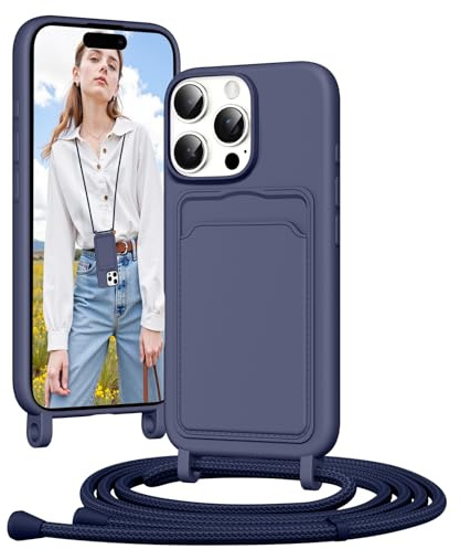 Vauki Mobiltelefonkedja, silikonskal för iPhone 16 Pro Max med band, mobiltelefonskal med kortfack, avtagbart justerbart snöre kedja för hängande snöre, stötsäkert skyddsfodral (mörkblå)