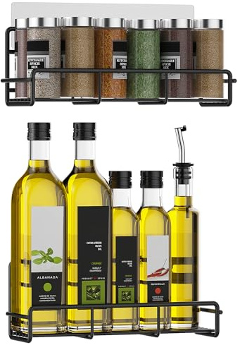 OUUTMEE 2er-Pack Gewürzregal Wand,Küchen Organizer Wand,Wandregal Ohne Bohren Küchenutensilienhalter,Gewürzregal Wand Schwarz