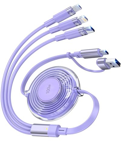 100W 5-in-1 Retractable Charging Cable, Lightn-ing/Micro USB/Type C Multi Charger Cord for iPhones, iPads, MacBook, Tablets, Galaxy, Note & More - 4Ft/1.2M 5A Fast Charging, Durable & Portable, Purple