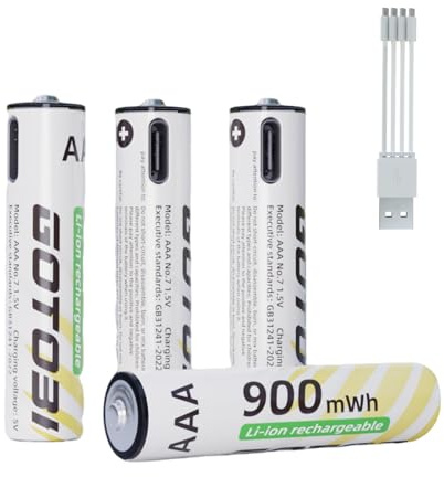 GOTOBI Lithium AAA Rechargeable Batteries, 1.5V 900mWh, 4 Packs | 4 In 1 USB-C Charging Cable, Storage Case Included