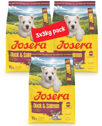 JOSERA Mini Ente & Lachs | 3X 3 kg | Trockenfutter für kleine Junge Hunde | Junior | Glutenfreies Premiumfutter zur optimalen Entwicklung von Welpen bis 10 kg ab der 6. Woche | extra kleine Kroketten