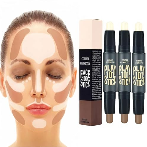Illuminateur Contouring,Contouring Stick,Bâton Surligneur,Makeup Contouring,Illuminateur Contouring,Correcteur Stick de Contouring,Outil de Maquillage à Double Tête (Blanc Ivoire + café clair-3pcs)