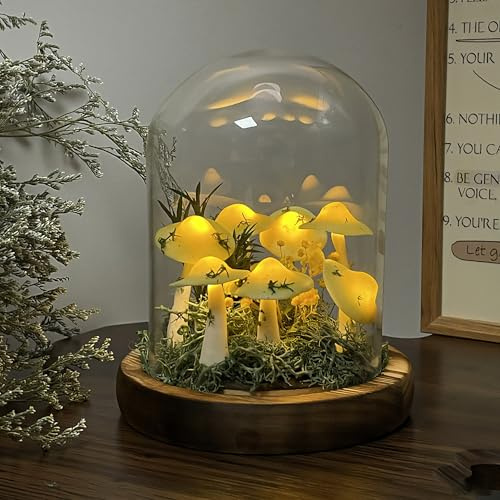 Handmade Clay Mushroom Night Light, Glass Dome Mushroom Lamp, DIY Miniature Landscapes & Fairy Gardens - Gifts for Mushrooms Lovers(Yellow)
