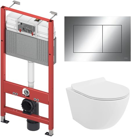 BADLAND WC-Vorwandelement Set TECEbase mit Wand-WC Rolo Weiß, Schallschutzmatte & Betätigungsplatte Chrom – Komplettset für Trockenbau & Vorwandinstallation