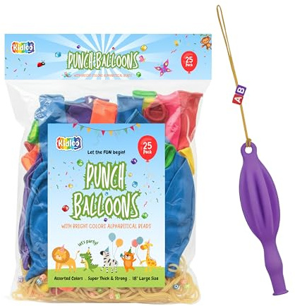Kidloo Punch Balloons for Kids - 25Pack, 18 Inch Large Balloons with Bright Colors, Strong Rubber Band with Alphabetical Beads, Easy to Inflate, Party Bag Fillers for Kids, Party Favours & Decorations