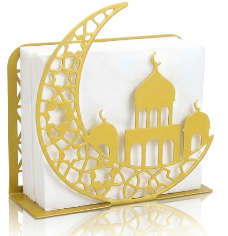 LemonRoad Eid Mubarak Napkin Holder Ramadan Kareem Table Decorations Gold Metal Moon Hollow Cocktail Paper Towel Holder Islamic Tissue Dispenser for Ramadan Muslim Party Tabletop Decors