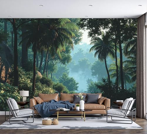 Papel Pintado Panorámico Fotomurales Paisaje Natural Niebla Matutina En La Selva Tropical De Palmeras 200x140cm, Murales de Pared Decoración Póster in Seda Verde Personalizado 3D