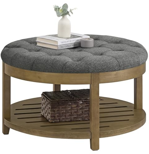 SONGMICS Storage Ottoman with Solid Wood Frame, Round Upholstered Ottoman Coffee Table, Footrest, Tufted Cushion, for Living Room, Easy Assembly, 31.5 x 31.5 x 17.7 Inches, Slate Gray ULSF053GN01