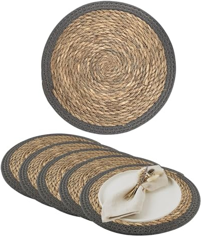 G.schmückt Platzset Boho Rund, Tischset Platzmatte Esstisch, Geflochtene Dekorationsunterlage Tischdeko Seegras, 38cm Grau 6 Stück