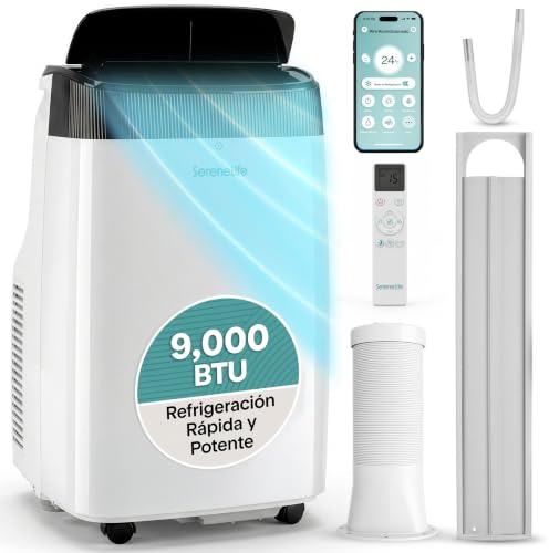 SereneLife Aire Acondicionado Portátil 9000 BTU WiFi, 3 en 1: Refrigeración, Ventilador, Deshumidificador, Temporizador 24h, Cobertura de 41.8 m², Kit de Ventana y Mando a Distancia