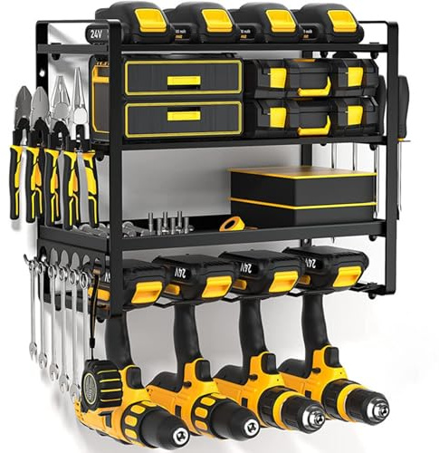 SUJOSAJU 4 Tier Wall Mount Power Tool Organizer Rack with Side Hooks, Metal Drill Holder Storage Shelf for Garage Workshop, Holds 4 Drills Screwdrivers Pliers, Space Saving, 42x20x35cm, Black