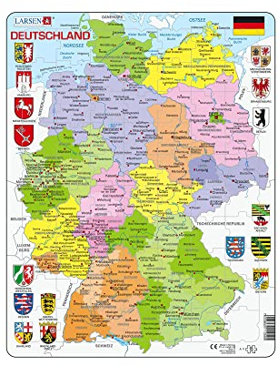 Larsen Puzzle A11 Deutschland Politische Karte, Alter 4–12, Geografie Lernspiel, 70 Teile, Bundesländer & Hauptstädte Lernen, stabiles Rahmenpuzzle, Made in Norway