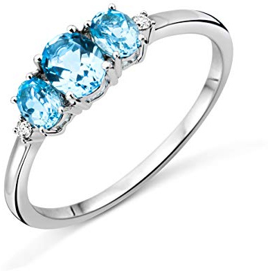 MIORE Ring Damen Trilogy Topaz Verlobungsring Weißgold 9 Karat / 375 Gold mit Edelstein blauer Topaz 0.82 Ct und Diamanten Brillanten 0.02 Ct, Schmuck