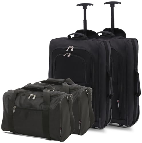 5 Cities Set of 2 Hand Luggage Set Including Ryanair Cabin Approved 21/55cm Trolley Bag & 40x20x25 Ryanair Maximum Holdall Under Seat Flight Bag (Black x 2 + Black x 2)