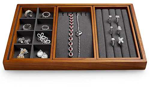Oirlv Vassoio Per Gioielli In Legno Impilabile 4 In 1, Per Gioielli,Anelli,Orecchini, Bracciali,Collane,Vassoio Organizzatore(Grigio)