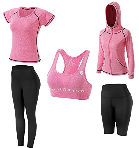 JULY'S SONG 5 Pezzi Completo Sportivo Donna Tute da Ginnastica Set Abbigliamento Running Donna Completo Yoga Tuta Fitness Donna Pilates Jogging Sportive Abbigliamento