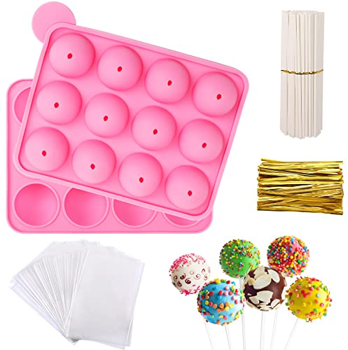 JULMELON Cake-Pop-Formen, 12-teiliges Fassungsvermögen, Silikon-Kuchenform-Set, Cake-Pop-Maker mit 100 Cake-Pop-Sticks, 100 Süßigkeiten-Tüten, 100 goldfarbene Bänder für Lutscher, Süßigkeiten,
