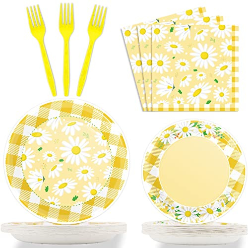 Wiooffen 96 Pcs Daisy Flower Party Supplies for 24 Guests Daisy Party Tableware Set Yellow Daisy Flower Birthday Party Pack Paper Plate Napkin Fork for Birthday Party Wedding Bridal Baby Shower