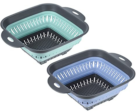 sourcing map Square Collapsible Colander 2pcs Foldable Silicone Colander Fruit Vegetable Washing Basket Strainer with Handle Kitchen Drainer Basket-Green+Blue