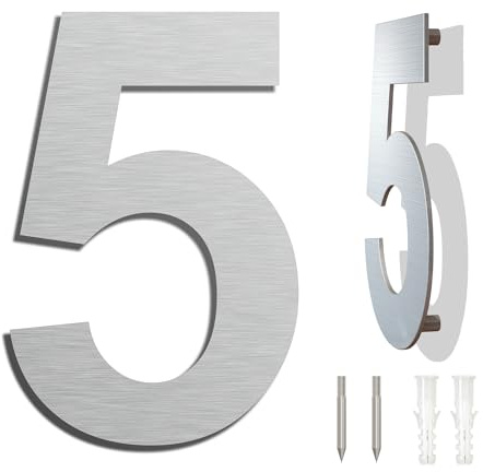 Large Modern House Numbers Stainless Steel Door Numbers -Corrosion Resistant and Easy to Clean - Floating Appearance and Easy to Install - 9 Inch 230mm Height (Number 5 Five)