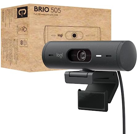 Logitech Brio 505 Full HD 1080p Webcam with auto Light Correction, framing, Dual Noise Reduction mics, Privacy Shutter - Works with Teams, Meet, Zoom, TAA Compliant.