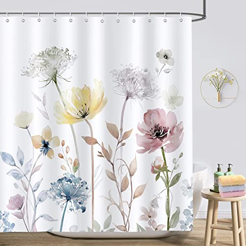 Bonhause Watercolour Floral Shower Curtain Yellow Pink Flower Bathroom Curtain 180 x 180 cm Waterproof Mildew & Mould Resistant Polyester Fabric Bath Curtain with 12 Hooks