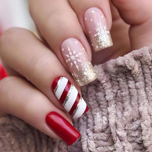 Cubahop 24pcs Weihnachtsnägel Kurze quadratische gefälschte Nägel Roter Elch Wald Schneeflocken Falsche Nägel Schneemann Goldfolie Glitter Presse auf Nägel für Frauen und Mädchen (G)