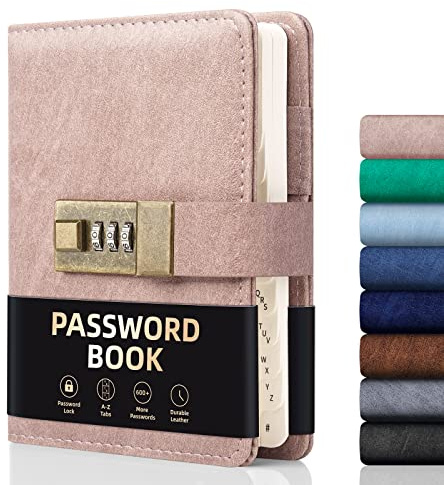 WEMATE Passwortbuch mit Schloss, Passwortbuch mit alphabetischen Registern, 600+ Passwortplatz, Logbuch mit Schloss