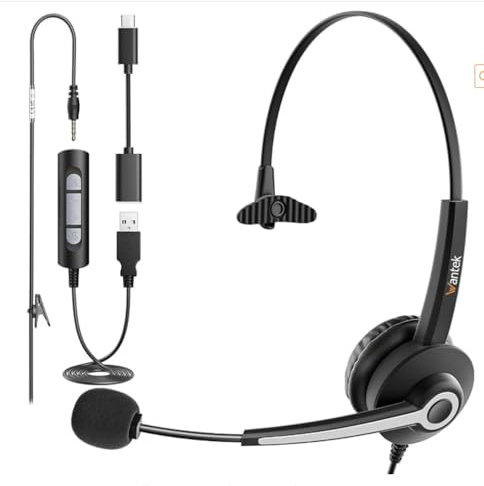 Wantek Single Ear Wired Headset with Noise Cancelling Mic - 3-in-1 (3.5mm/Type-C/USB) - Lightweight for Office, Call Center, Business Chat, Laptop & Phone