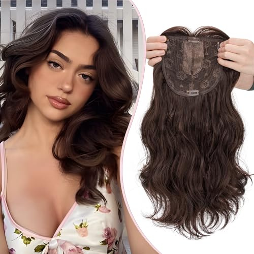 S-noilite Hair Toppers für Frauen,Toupet Toppers Haarverlängerung Haarteile Perücken mit Fransen,Haartopper Basis 15x15cm, Clip in Synthetischen Haarteile, Gewellt Gelockt 45cm 175g Auburn Braun