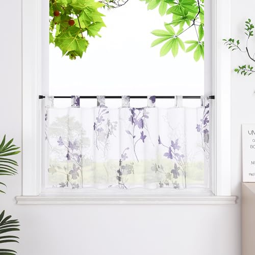 HeichkelL Scheibengardine, Leinenoptik Bistrogardine, Violett HxB 30x90cm | Gardine mit Blätter, Transparent Gardine, Kurzstores mit Schlaufen