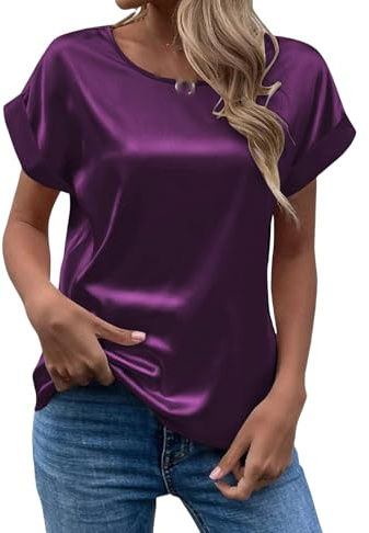 OutFyt Tshirt Femme Chemisier en Satin pour Femme, Chemise D'Été À Manches Courtes pour Dames, Col Rond, Couleur Unie, Basique, Décontracté, pour Sortir, pour Le Travail Au Bureau
