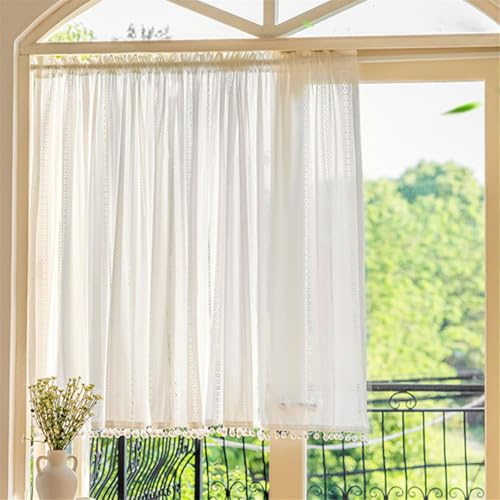 Surwin Tenda Corta per Finestra Piccola, Pizzo Bianco Tenda Bistrot Corta Cafe Tenda da Cucina Tenda Finestra Decorazione per caffè Camera da Letto, Soggiorno, Balcone (140x70cm,Bianco)