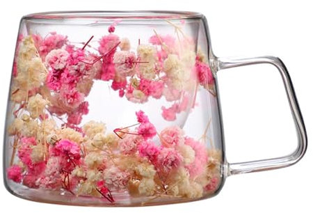 Mugs with Dry Flowers | 200ml Glass Cups Double Walled Coffee Cups | Strong Borosilicate Dried Flower Insulated Coffee Mugs | Heat Resistant Milk Juice Tea Cup with Handle for Hot Cold Beverages