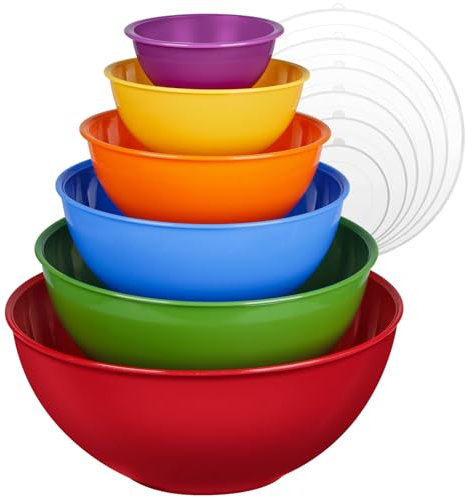 Greentainer Set di 12 ciotole colorate in plastica con coperchi, set da 12 ciotole per mescolare per la cucina, set di ciotole con coperchio, 6 ciotole e 6 coperchi, adatte al microonde e al